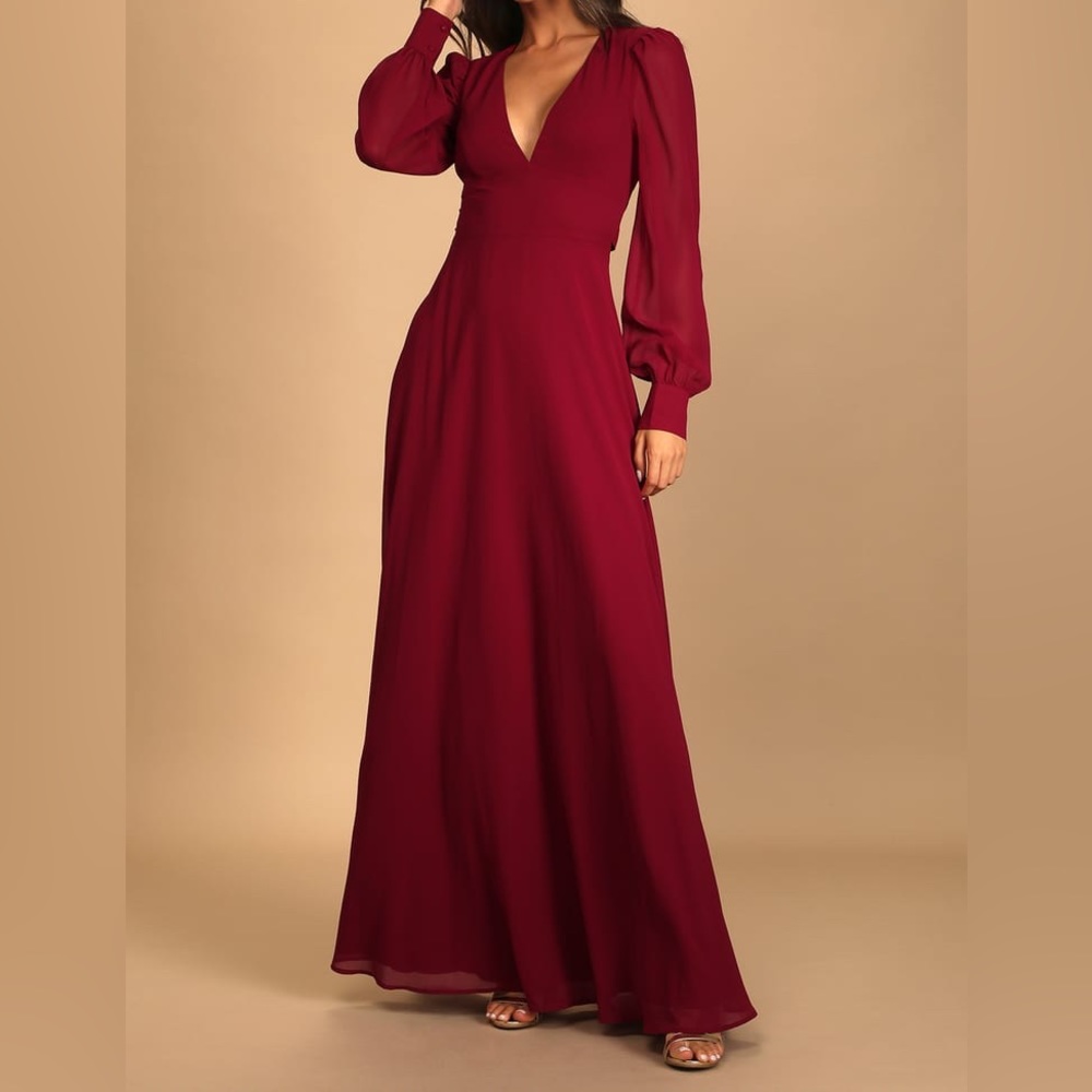 Lulus Talk About Divine Burgundy Long Sleeve Backless Maxi Dress